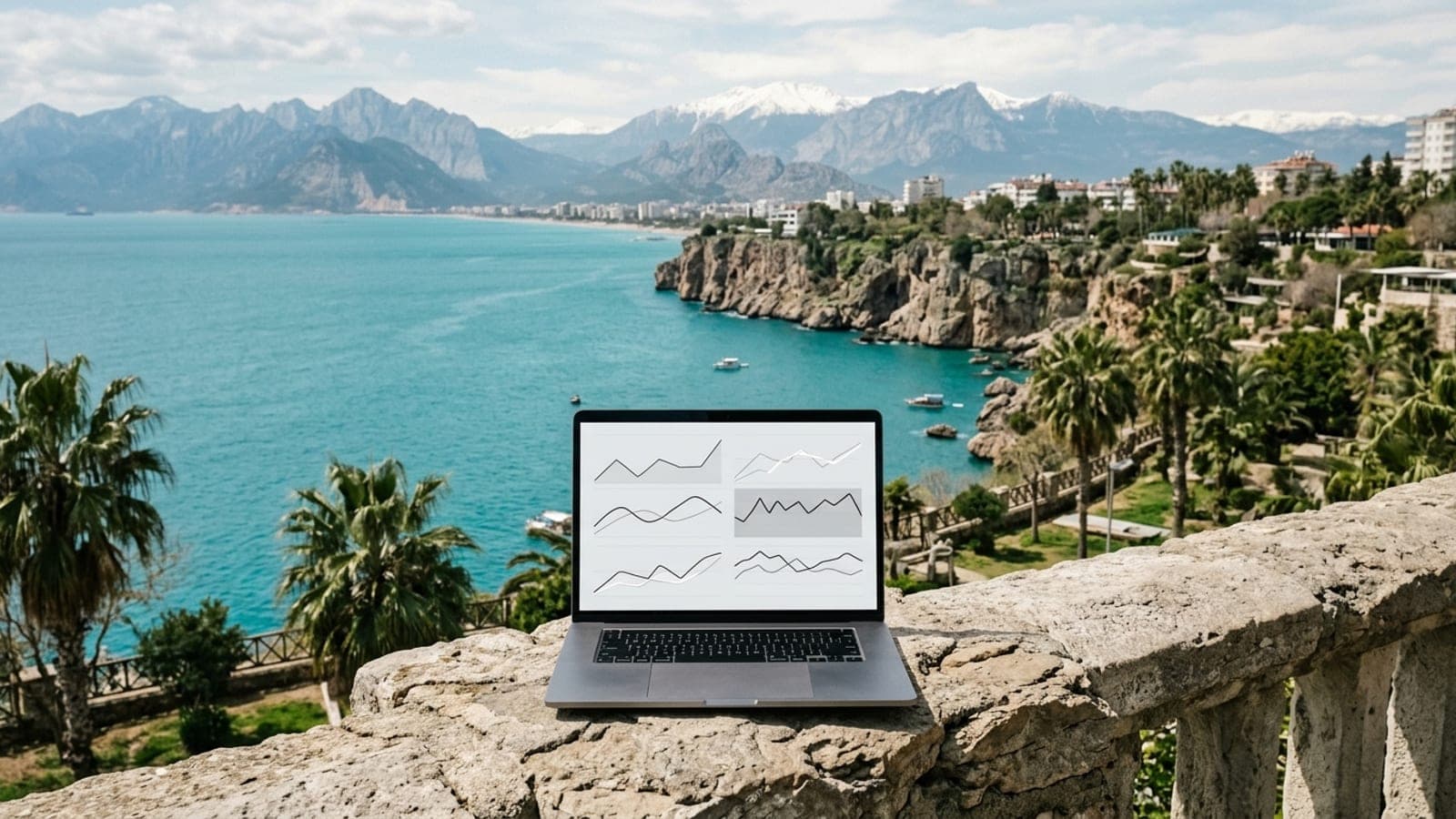 Antalya Google reklam yönetimi: Akdeniz kıyısı ve falez manzarası önünde reklam performans paneli
