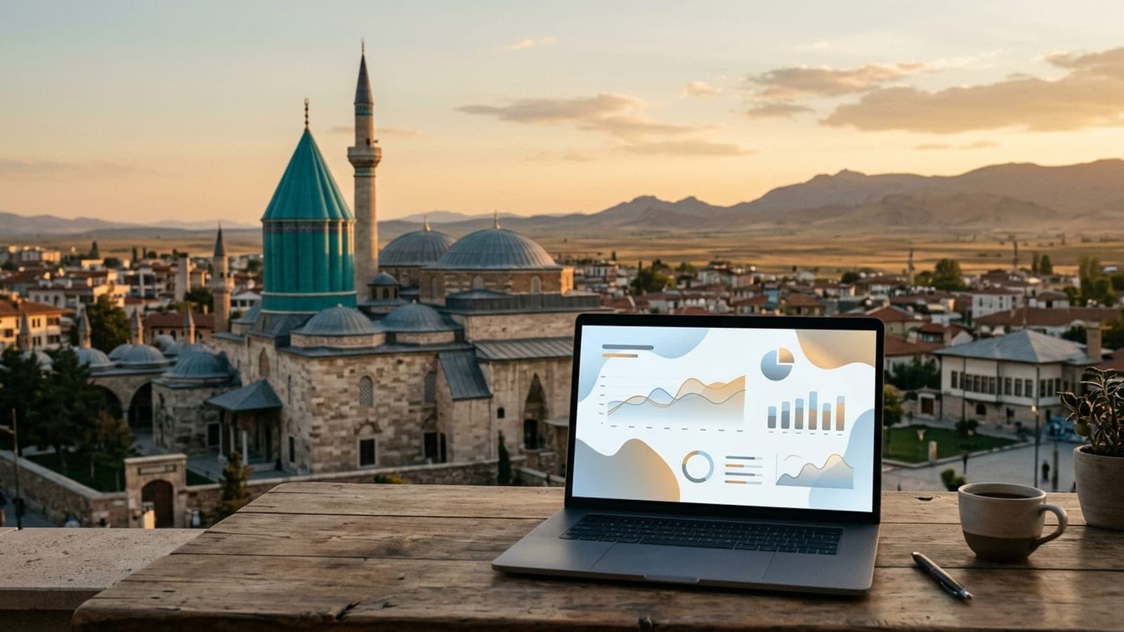 Konya Google reklam yönetimi: Mevlana Müzesi'nin turkuaz kubbesi ve Konya ovası önünde reklam performans paneli