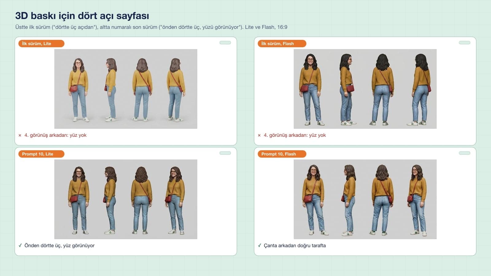 Four-angle model sheet for 3D figurine printing: first version with the fourth view from behind, Prompt 10 with the face visible in a front three-quarter view