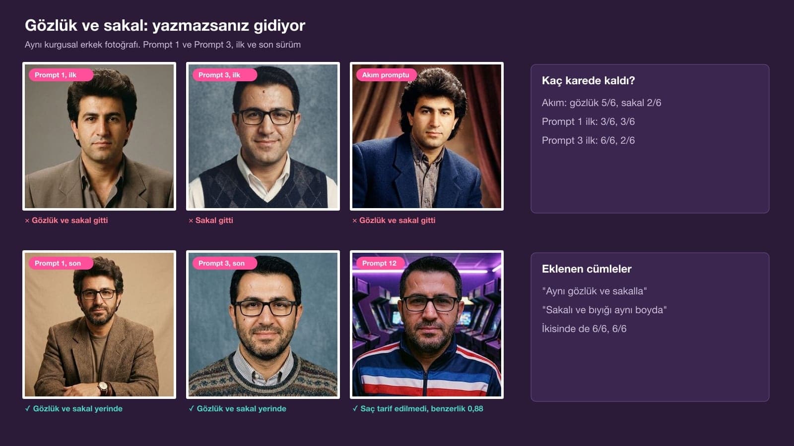 Glasses and beard test in an 80s photo: frames of a man without a beard or glasses from the first prompt versions, with glasses and beard in place in the final versions