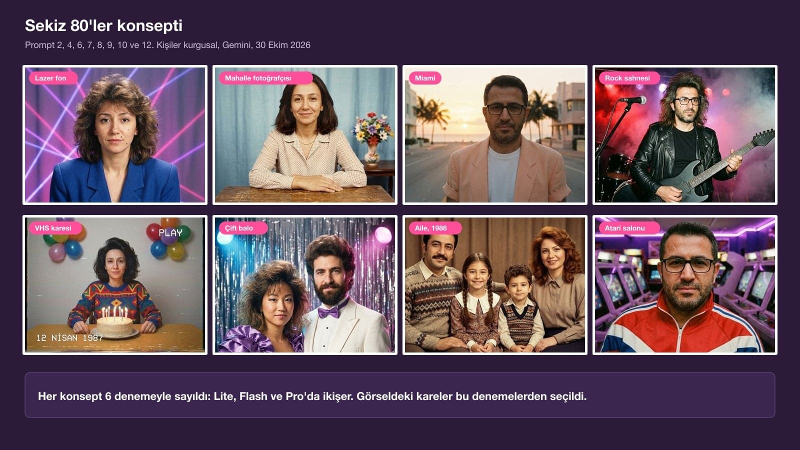 Eight 80s concepts: laser background studio, neighborhood photographer, Miami coastal road, rock stage, VHS frame, couple's prom photo, family portrait and arcade