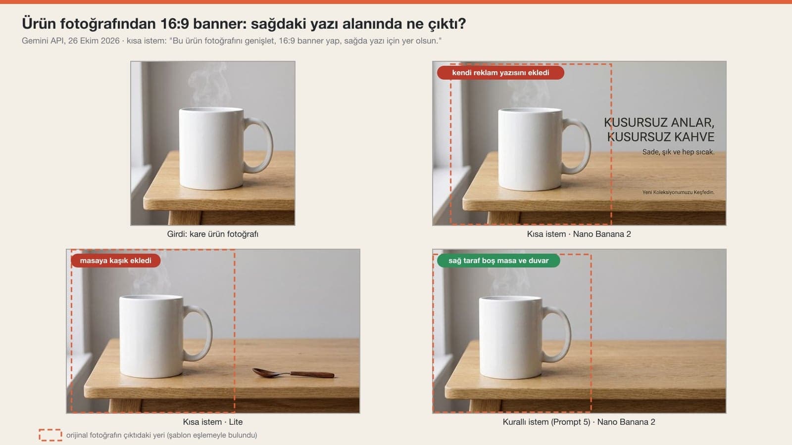 Product photo expand test: a square photo of a white coffee mug expanded into a 16:9 banner with Gemini; the ad copy and spoon added with the short prompt, and the text area left empty with the rule-based prompt