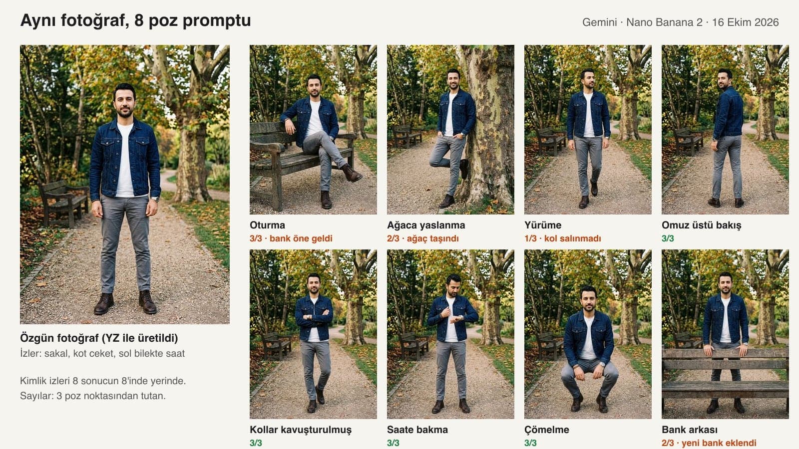Gemini-Test zum Ändern der Pose: acht Posen des Mannes im Park, alle aus demselben Foto erzeugt, mit der Zahl der getroffenen Posenpunkte je Pose
