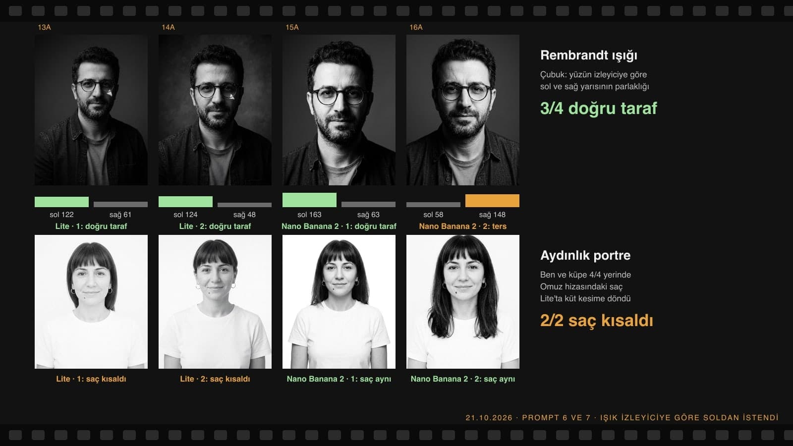 Gemini siyah beyaz portre promptu testi: Rembrandt ışıklı dört erkek portresinde yüzün sol ve sağ yarısının parlaklığı, altta dört aydınlık high-key kadın portresi