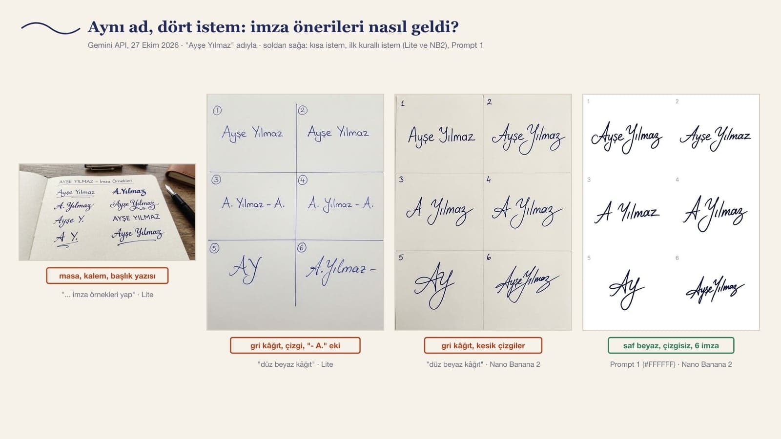 Gemini-Unterschrift-Test mit dem Namen Ayse Yilmaz: kurzer Befehl ergibt eine Szene mit Tisch und Stift, „schlichtes weißes Papier“ ergibt graues Papier und Linien zwischen den Feldern, Prompt 1 ergibt 6 Unterschriften ohne Linien auf reinweißem Hintergrund