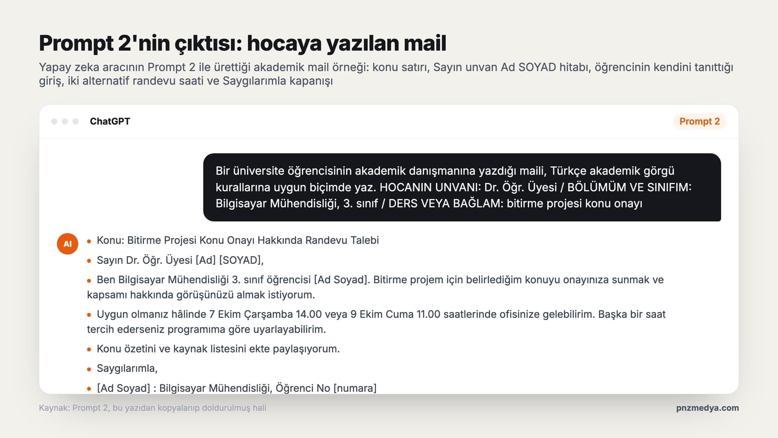 Prompt 2'nin yapay zeka aracındaki çıktısı: öğrencinin akademik danışmanına yazdığı mail, konu satırı ve Sayın unvan Ad SOYAD hitabıyla başlayan gövde, iki alternatif randevu saati ve Saygılarımla kapanışıyla