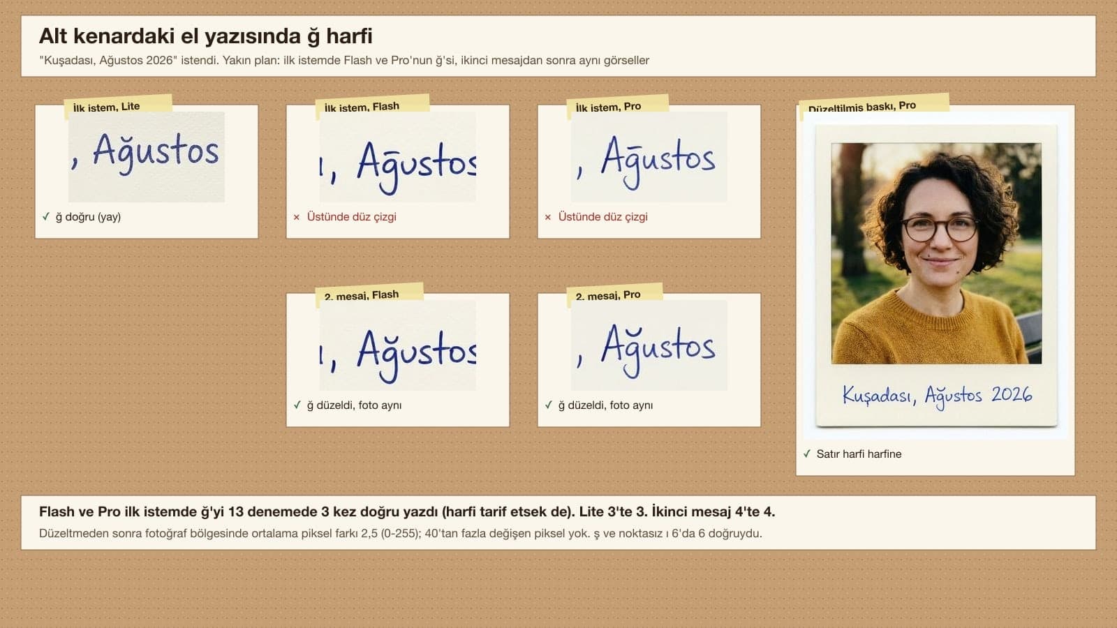 Handwritten caption on a Polaroid bottom border, Turkish g with a breve: Lite's correct curved breve, the flat line Flash and Pro put on top, the version fixed with a second message, and the full corrected print