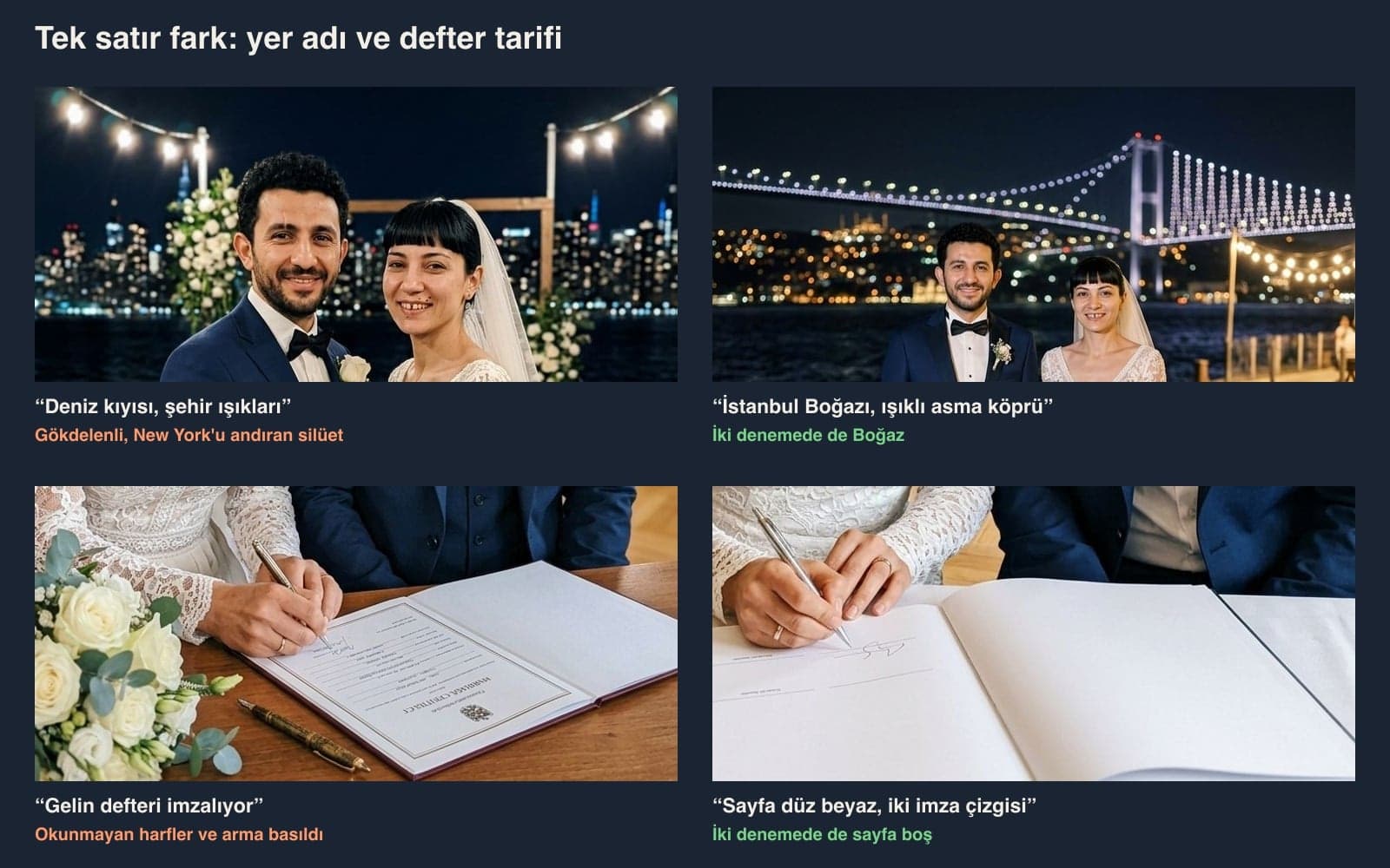 Gemini-Prompt für Hochzeitsfotos im Test: Szene mit Hochhäusern bei 'Meeresufer, Lichter der Stadt', Bosporus-Ansicht bei 'Bosporus in Istanbul' sowie Heiratsbuch ohne und mit Beschreibung