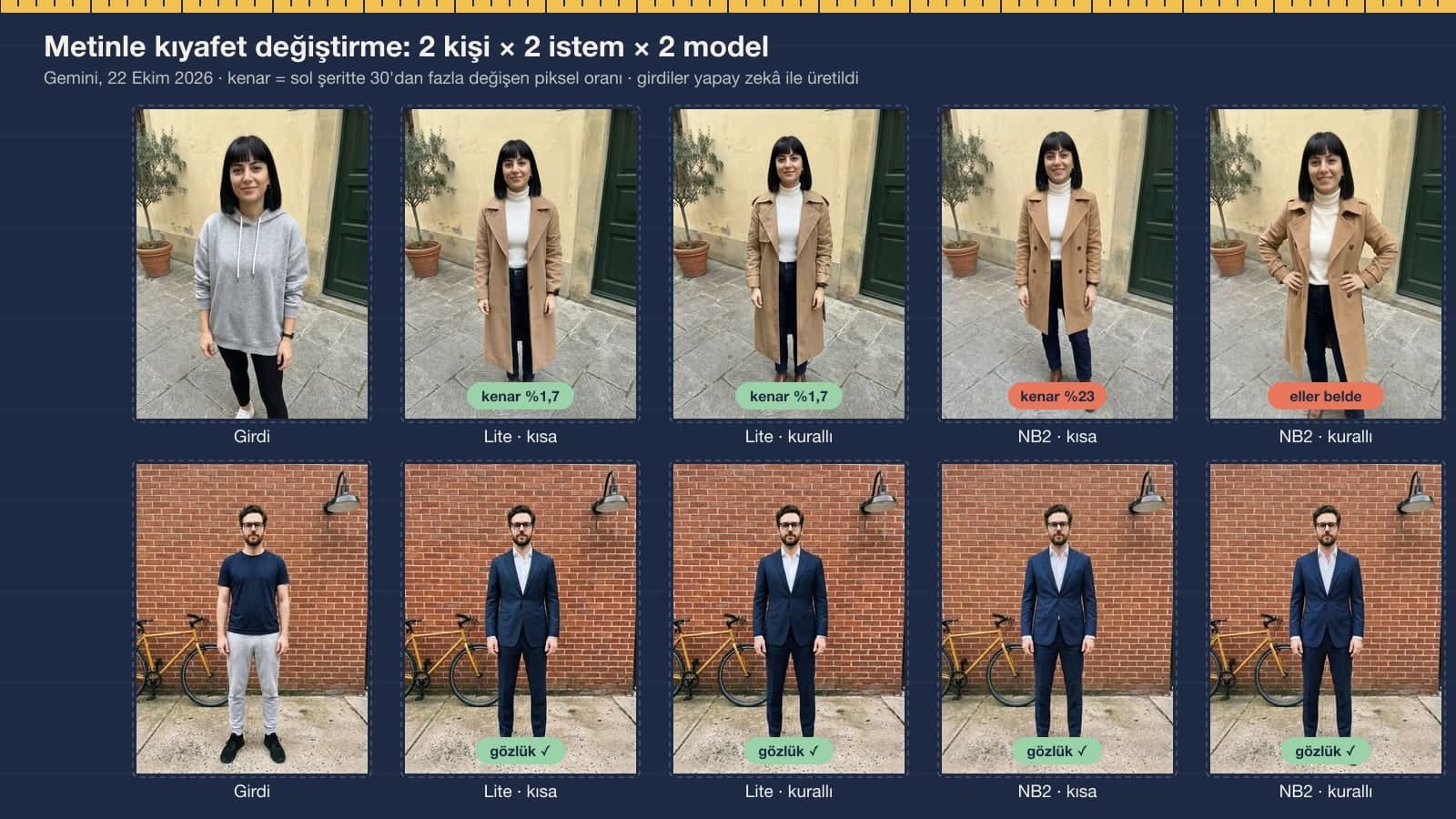 Test KI Kleidung ändern: Trenchcoat- und Anzug-Bilder aus demselben Foto einer Frau und eines Mannes, erzeugt mit Nano Banana 2 Lite und Nano Banana 2 per kurzem und ausführlichem Prompt
