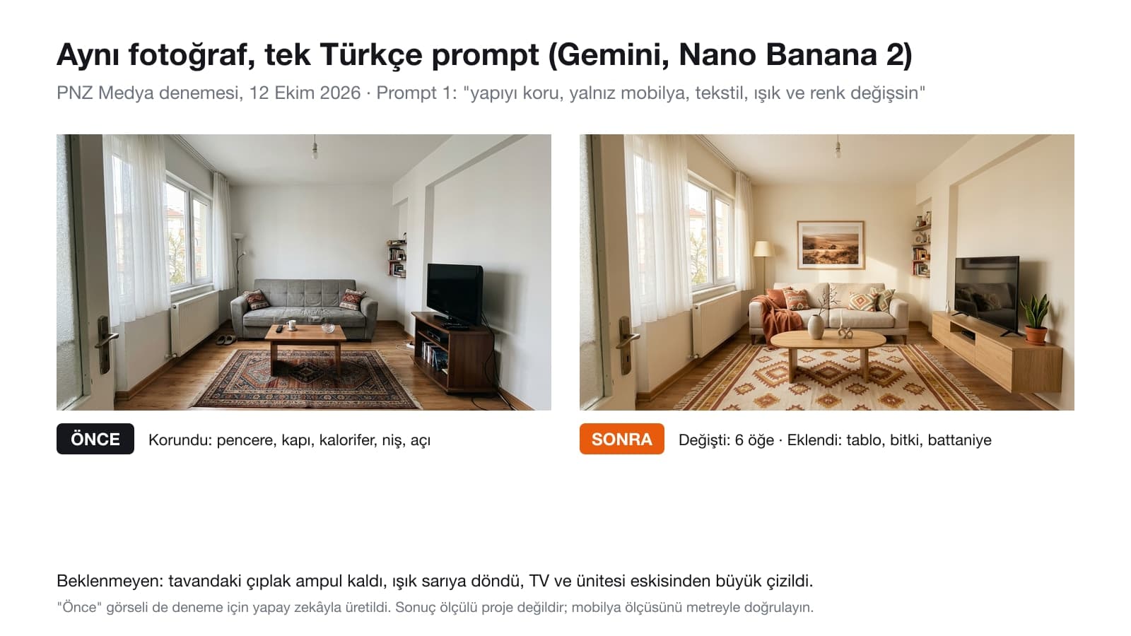 Yapay zeka ile oda tasarımı önce ve sonra: sade bir oturma odası fotoğrafı ve aynı odanın Gemini ile İskandinav tarzında yeniden tasarlanmış hali