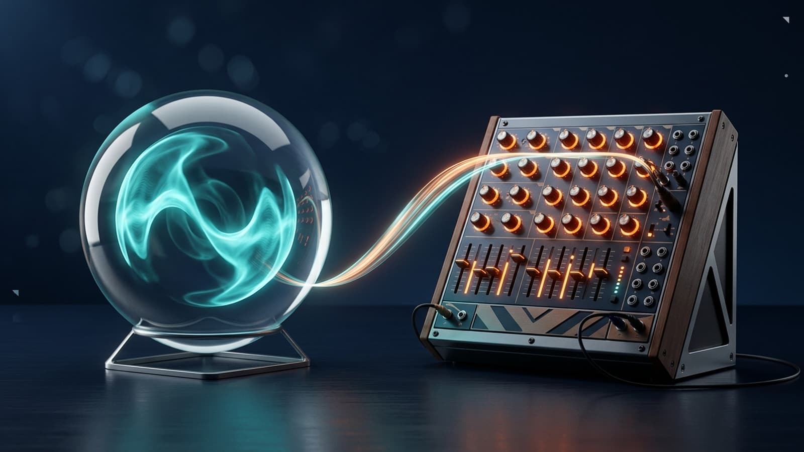 Yapay zeka şarkı yapma araçlarını temsil eden cam küre ve modüler synthesizer illüstrasyonu