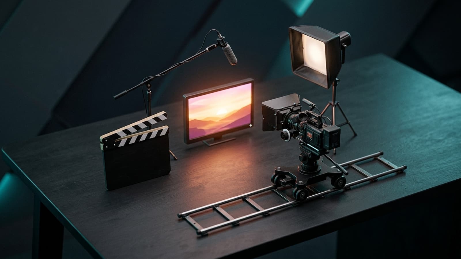 Yapay zeka video promptunun kamera, ışık ve ses parçalarını temsil eden masa üstü minyatür film seti