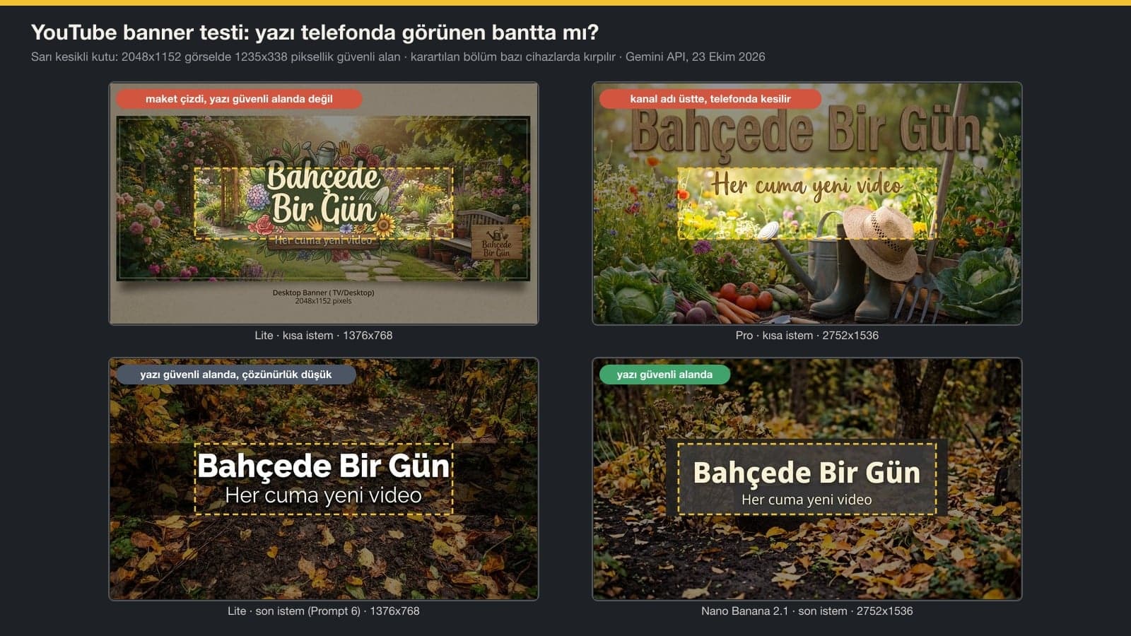 YouTube banner test: banners made with Gemini for a gardening channel whose Turkish name means "A Day in the Garden", with the 1235x338 pixel safe area of a 2048x1152 image marked by a yellow box