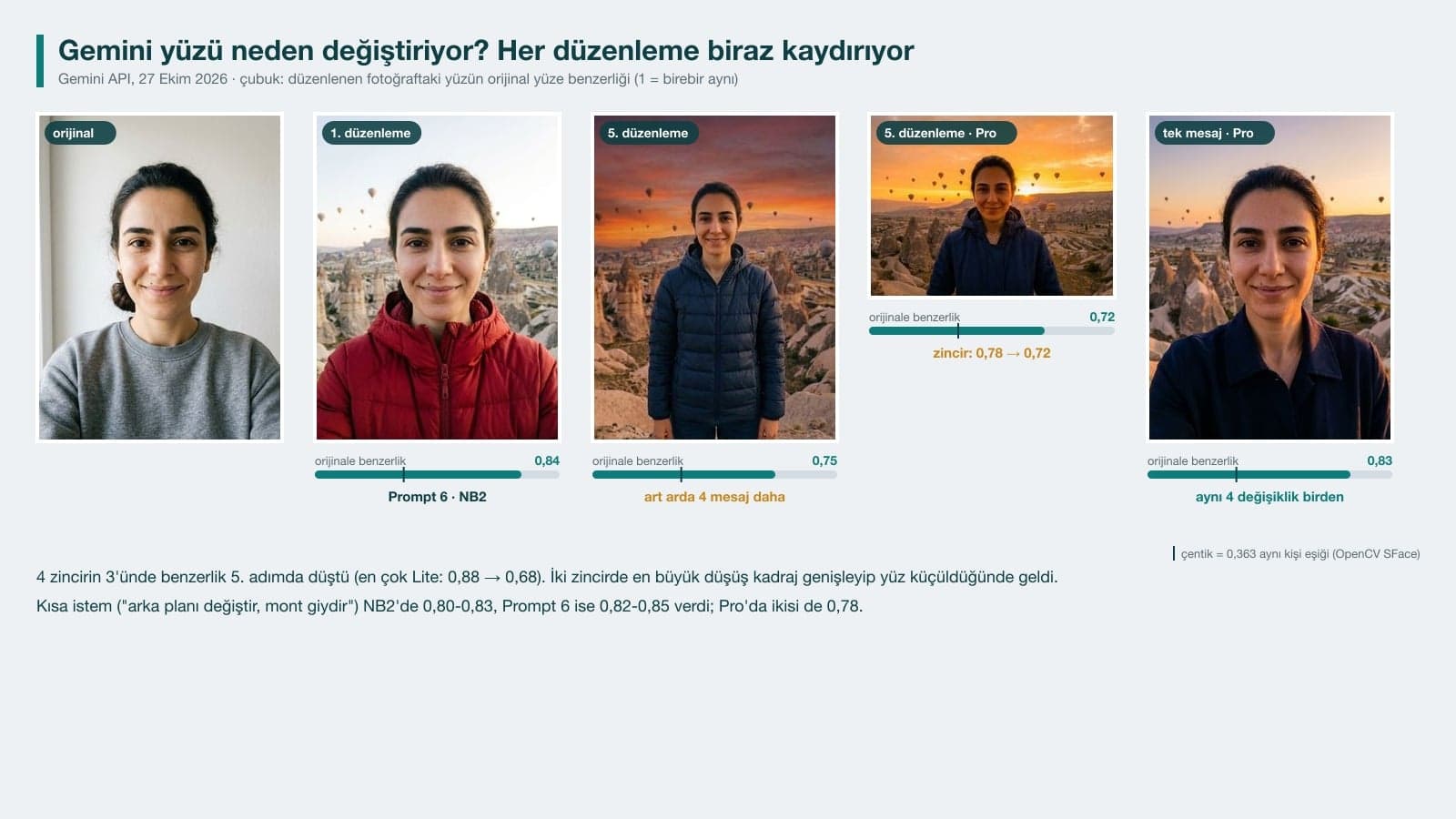 Das Foto der Frau im grauen Sweatshirt wird vor einen Hintergrund in Kappadokien versetzt; über fünf Bearbeitungen hintereinander sinkt die Ähnlichkeit des Gesichts zum Original von 0,84 auf 0,75, mit denselben vier Änderungen in einer Nachricht bleibt sie bei Pro bei 0,83