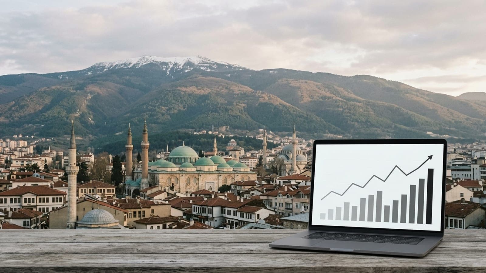 Bursa Google reklam yönetimi: Uludağ eteğindeki şehir manzarası önünde reklam performans paneli