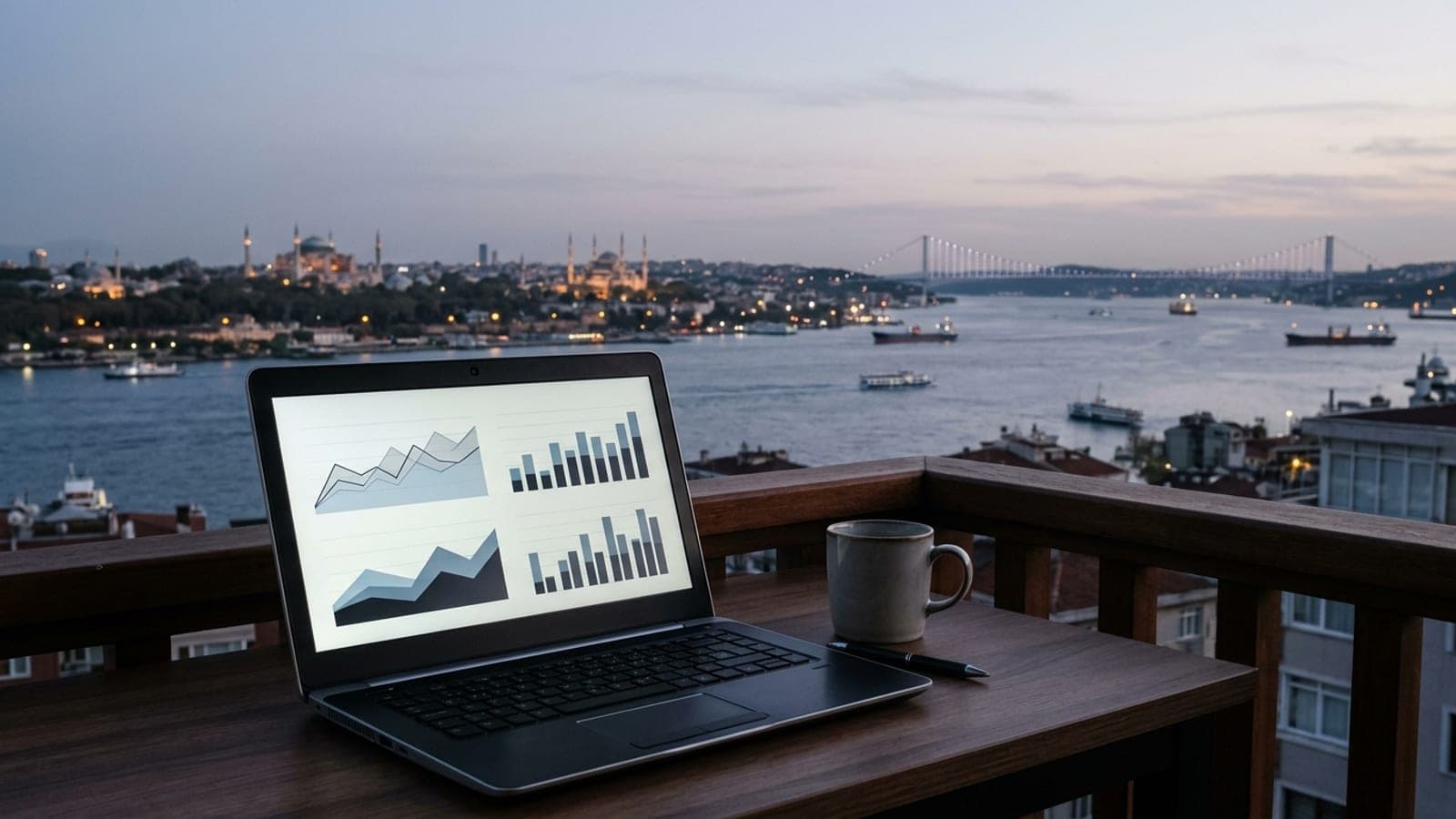 İstanbul Google reklam yönetimi: şehir silueti önünde reklam performans paneli