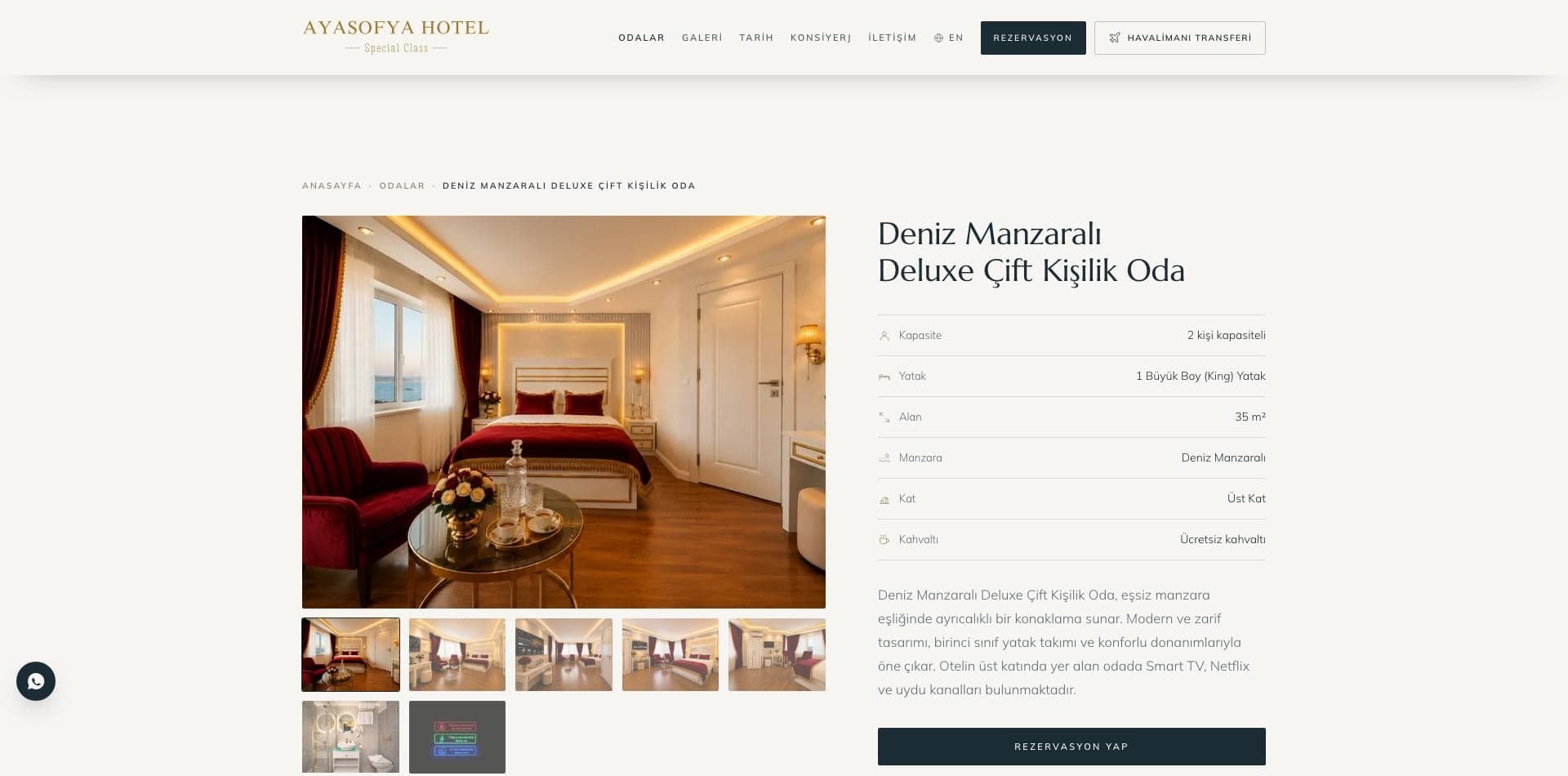 Every room type has its own page: gallery, size, bed and view details