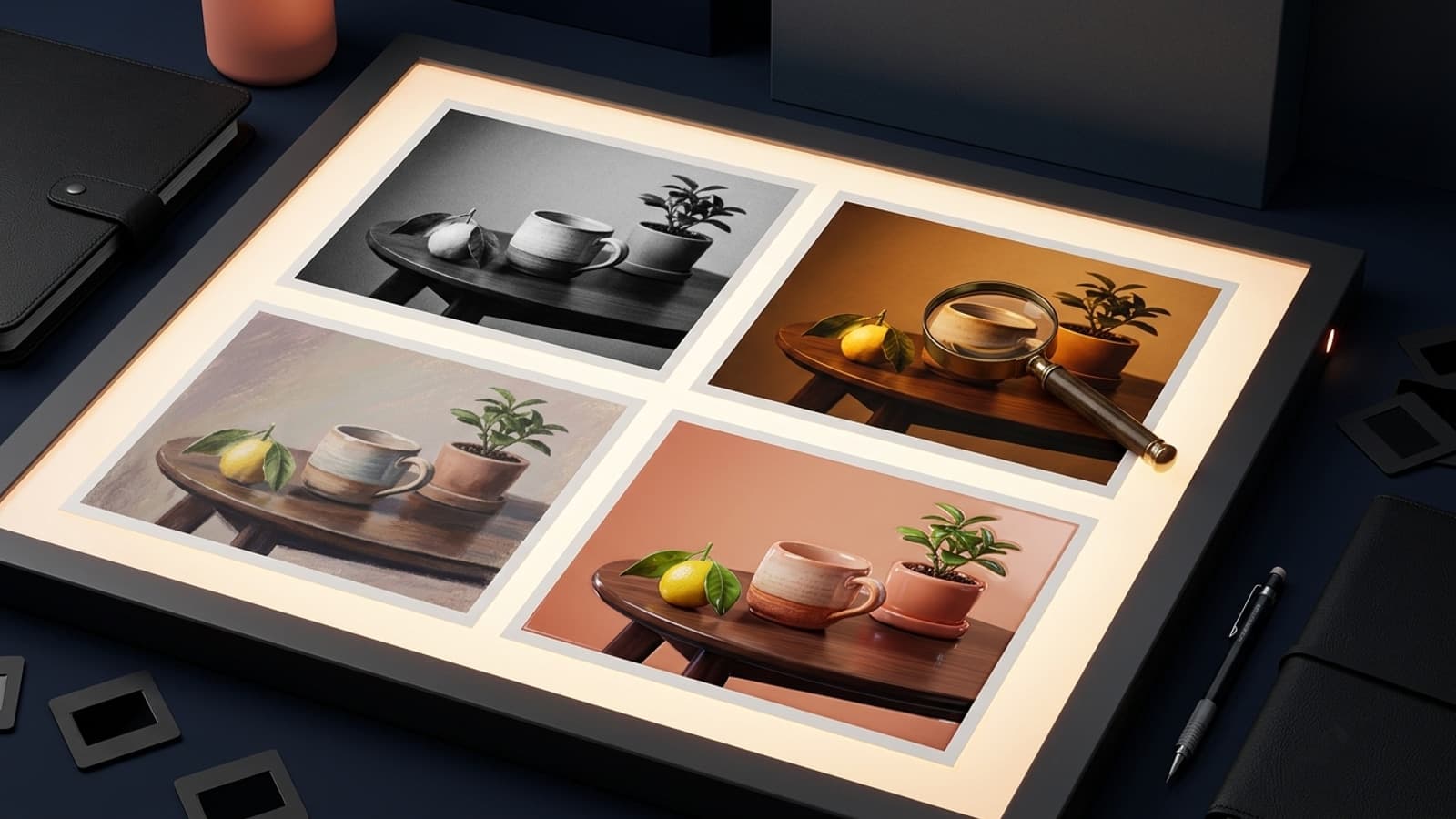 Aynı natürmort fotoğrafın siyah beyaz, altın saat, pastel ve 3D stillerde ışık masasında karşılaştırıldığı yapay zeka fotoğraf stili görseli