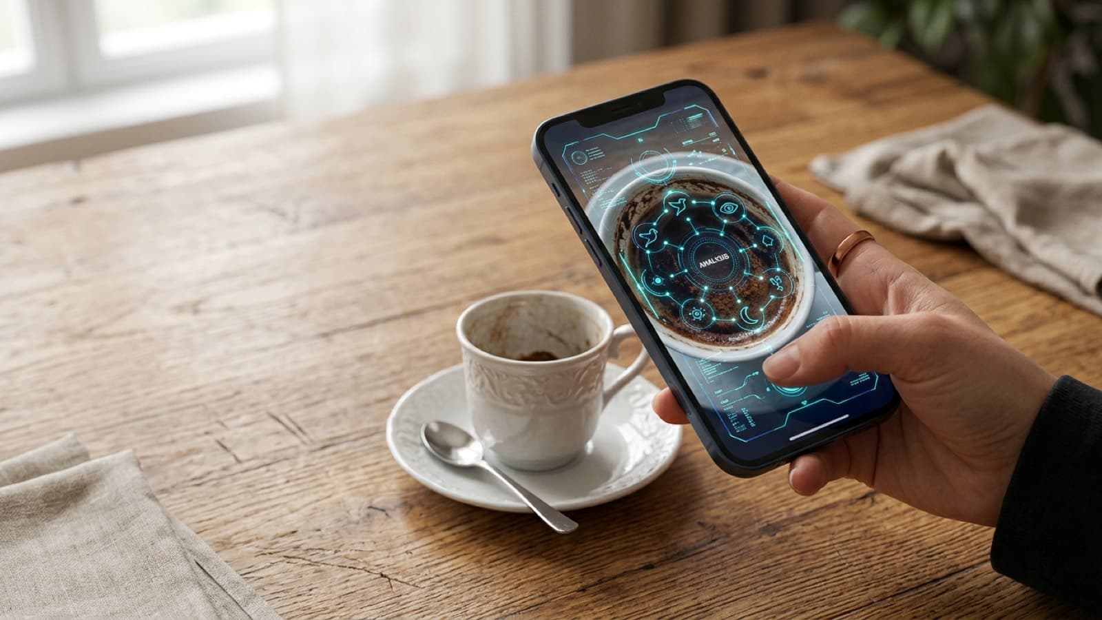 スマートフォンでトルココーヒーのカップの内側を撮影する手と、画面に表示されたAI分析インターフェース