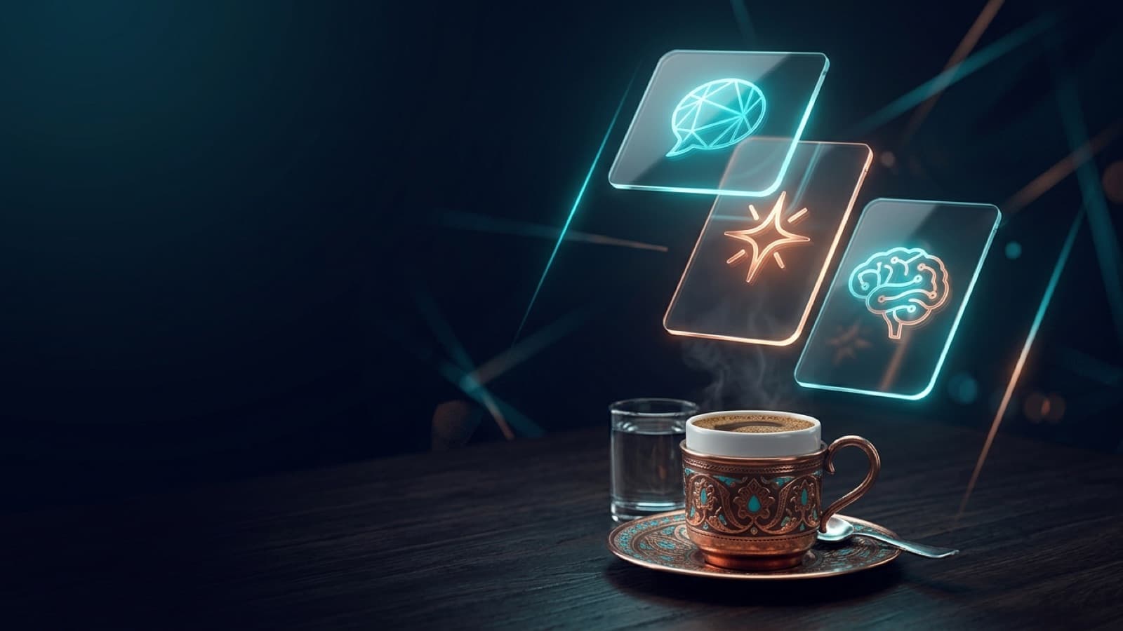トルココーヒーのカップと、その上に浮かぶ3枚の抽象的なAIカード:比較とプロンプト構成のイラスト