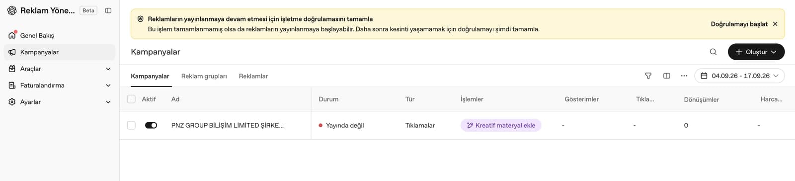 ChatGPT Reklam Yöneticisi kampanya listesinin üstünde işletme doğrulaması uyarısı ve Doğrulamayı başlat bağlantısı, kendi hesabımızdan ekran görüntüsü