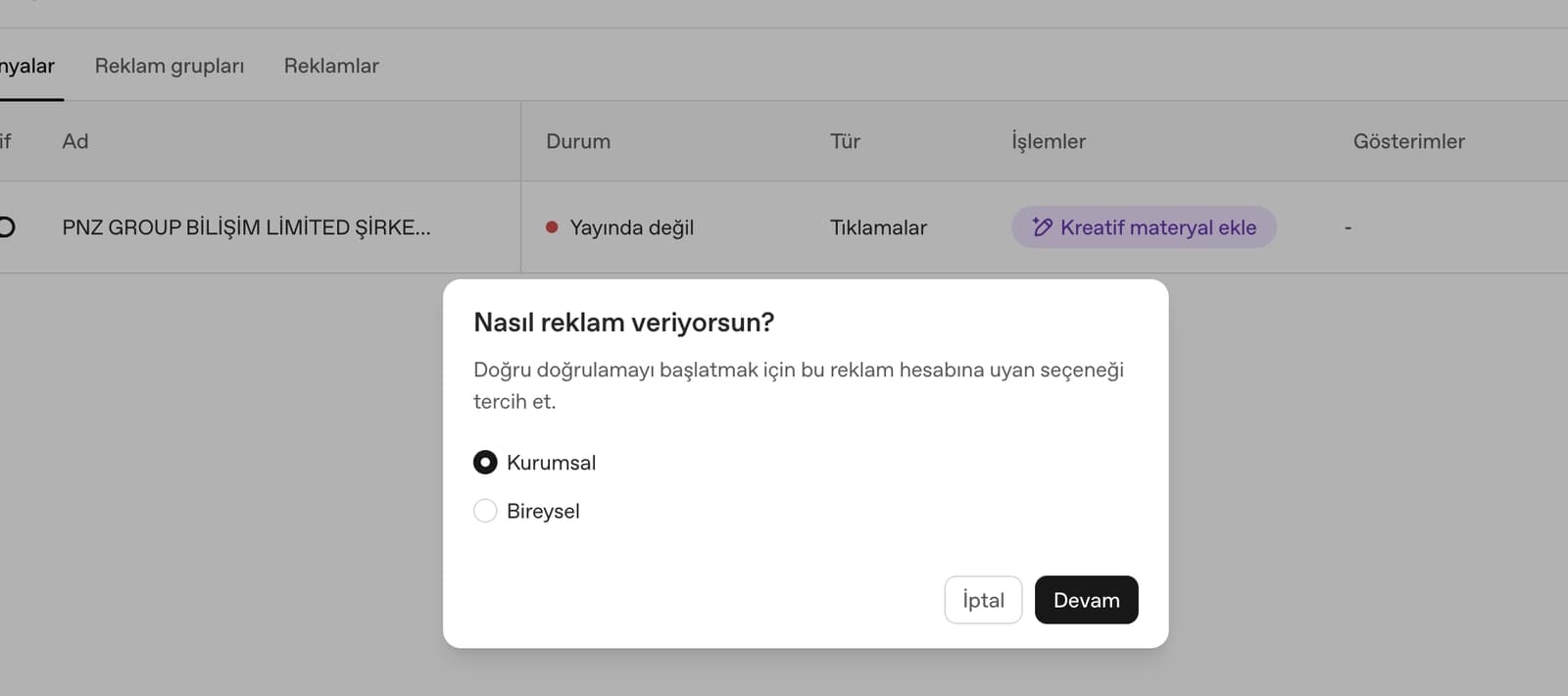 ChatGPT reklam işletme doğrulamasında Nasıl reklam veriyorsun penceresi, Kurumsal ve Bireysel seçenekleri, kendi hesabımızdan ekran görüntüsü