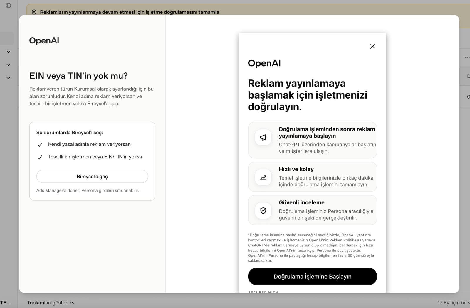 OpenAI işletme doğrulama başlangıç ekranı, Persona bilgilendirmesi ve EIN veya TIN'in yok mu kutusu, ChatGPT reklam hesabından ekran görüntüsü