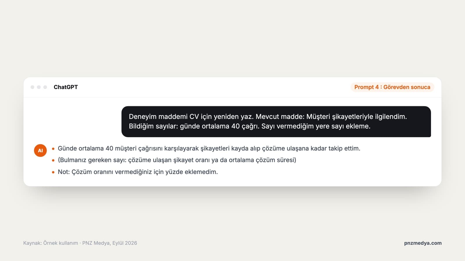 ChatGPT ile CV deneyim maddesi yeniden yazma örneği: görev cümlesinin sonuç odaklı CV maddesine çevrilmesi