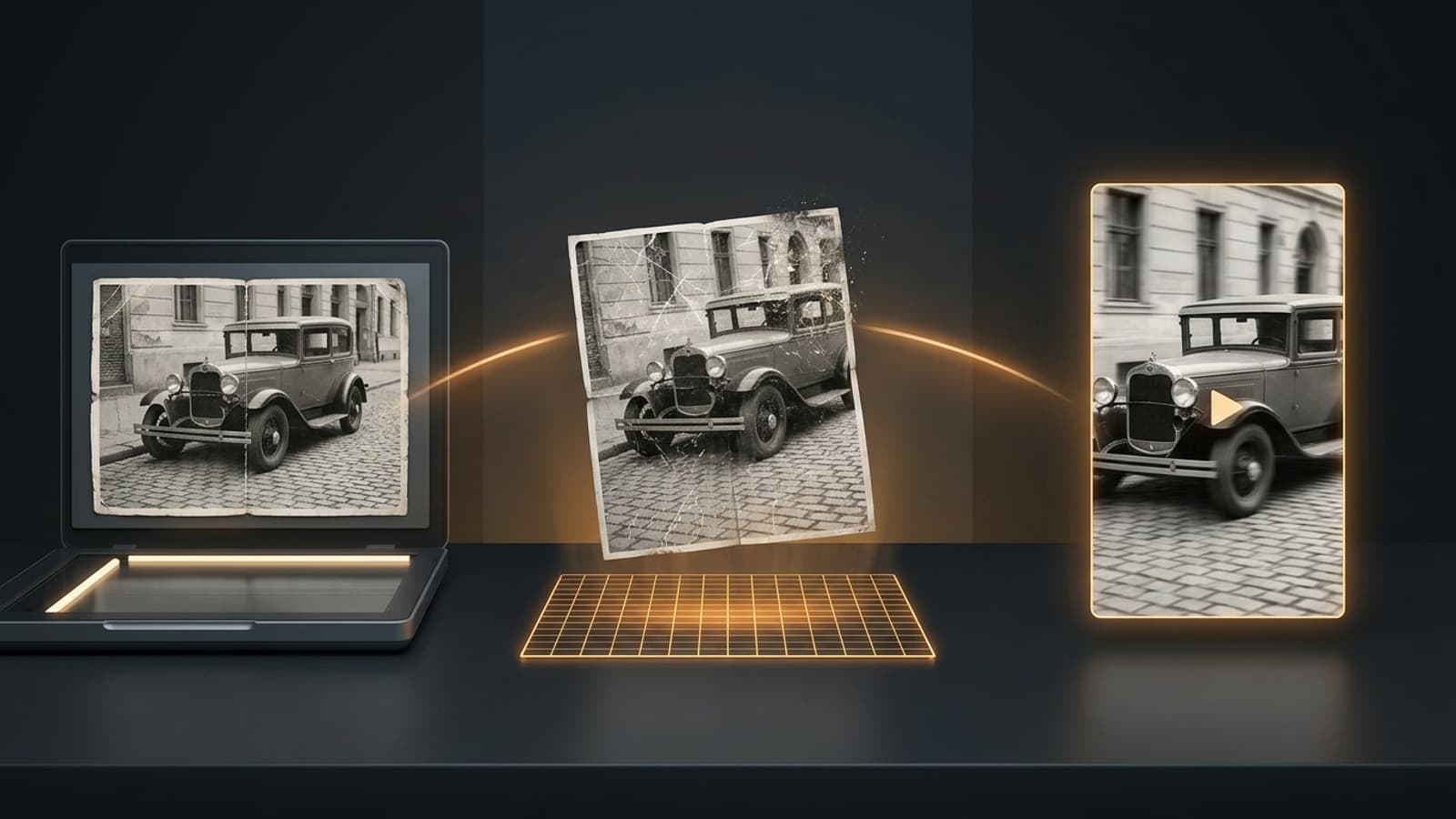 Eski fotoğraf canlandırma için taranan, onarılan ve dikey videoya dönüşen siyah-beyaz klasik otomobil fotoğrafının üç adımı