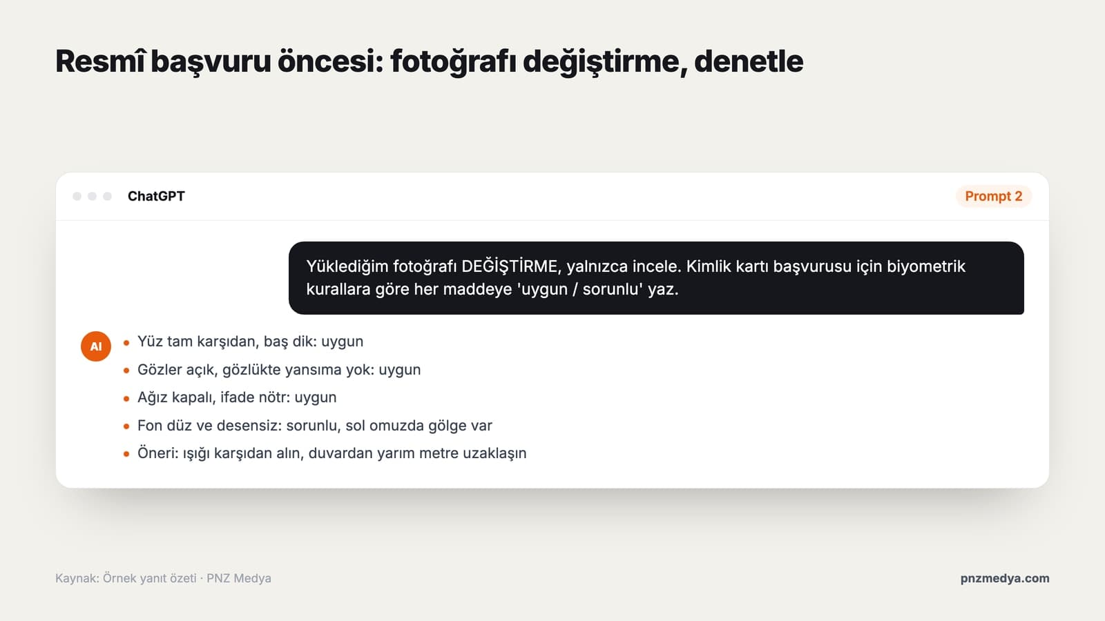 ChatGPT sohbet ekranında biyometrik fotoğraf denetim promptu ve yapay zekanın madde madde uygunluk yanıtı