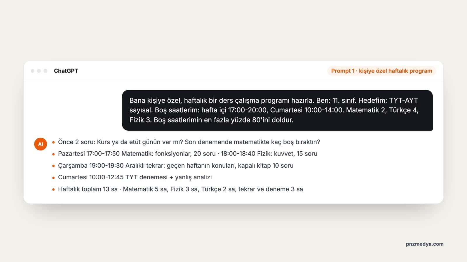 ChatGPT sohbet ekranında kişiye özel haftalık ders çalışma programı istenen prompt ve yanıtın özeti