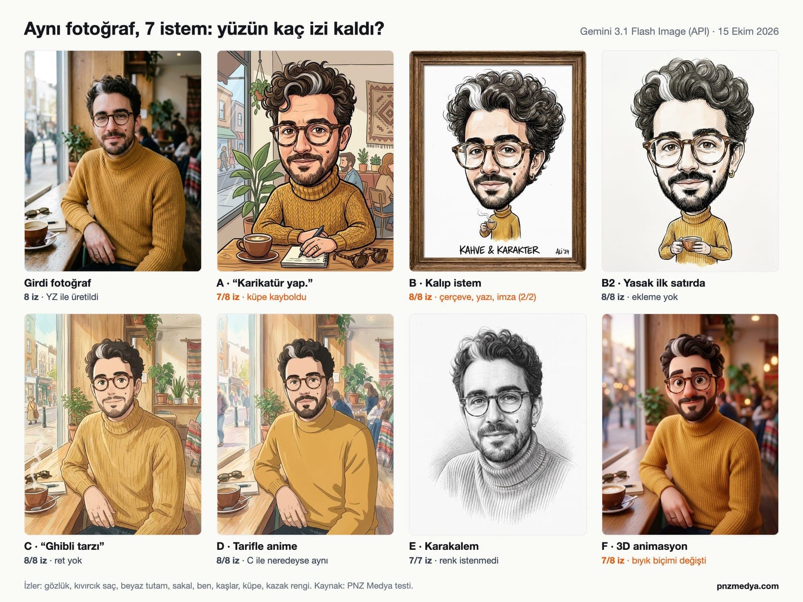 Test zum Umwandeln eines Fotos in eine Karikatur: dasselbe Café-Porträt mit kurzem Prompt, Karikatur-Vorlage, korrigierter Karikatur, Ghibli-Stil, Anime mit Beschreibung, Bleistiftzeichnung und 3D-Animation