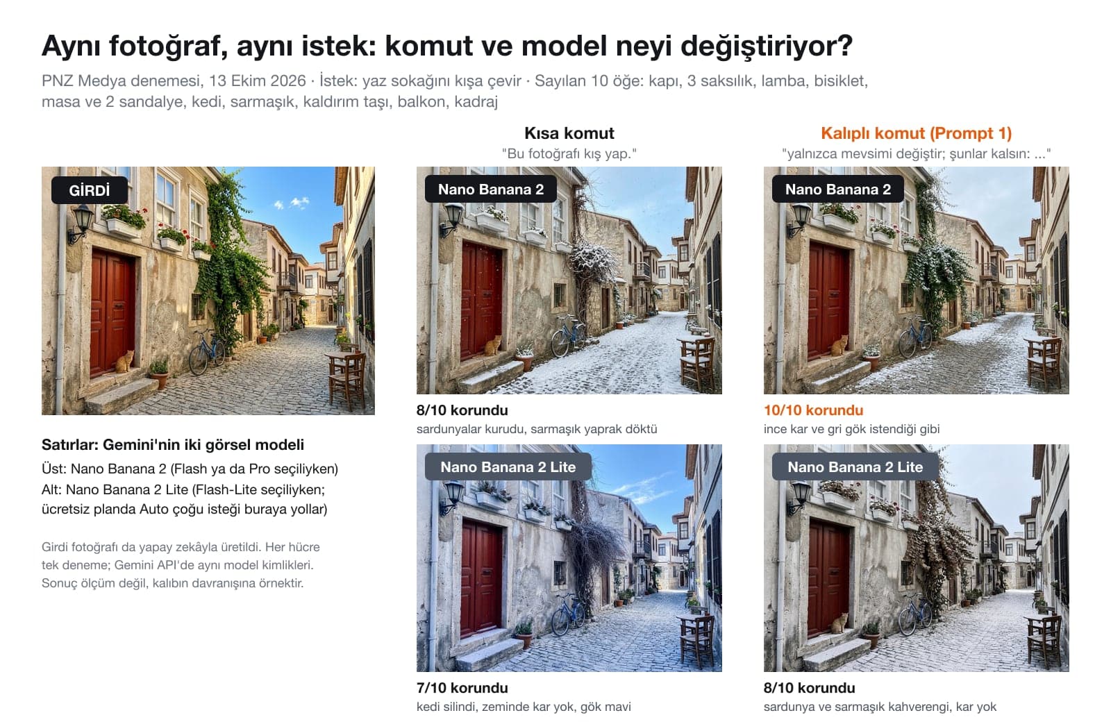 Gemini fotoğraf düzenleme testi: yaz sokağı fotoğrafı ve Nano Banana 2 ile Nano Banana 2 Lite modellerinin kısa ve kalıplı komutla kışa çevirdiği dört sonuç