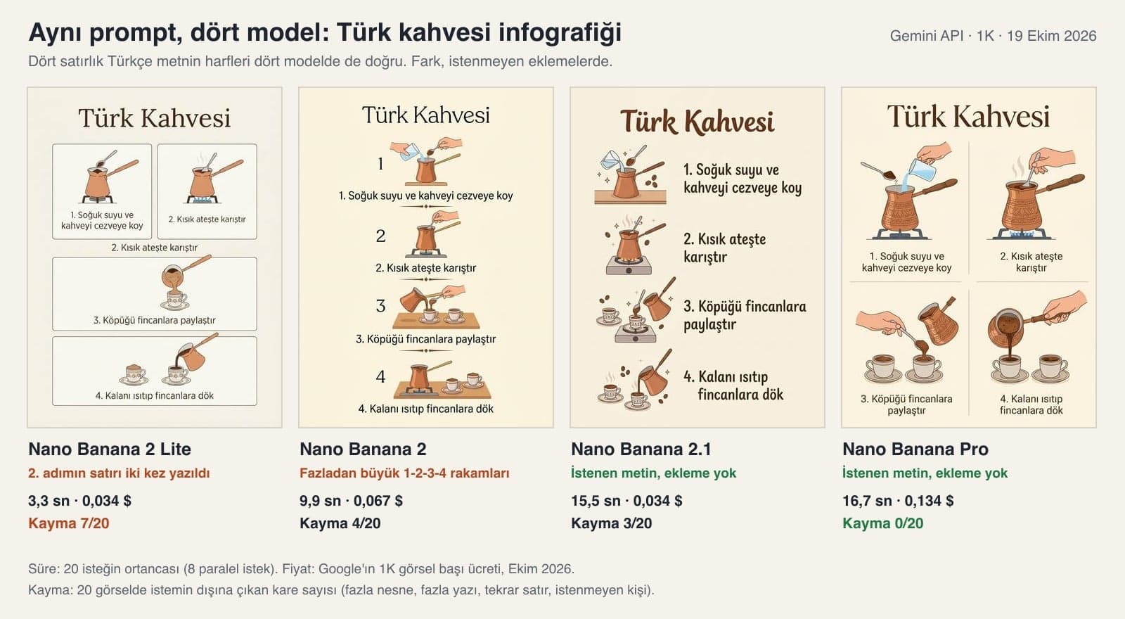 Nano Banana Pro vs Nano Banana 2 test: Nano Banana 2 Lite, Nano Banana 2, Nano Banana 2.1 and Nano Banana Pro outputs from the same Turkish coffee infographic prompt, with time, price and drift count