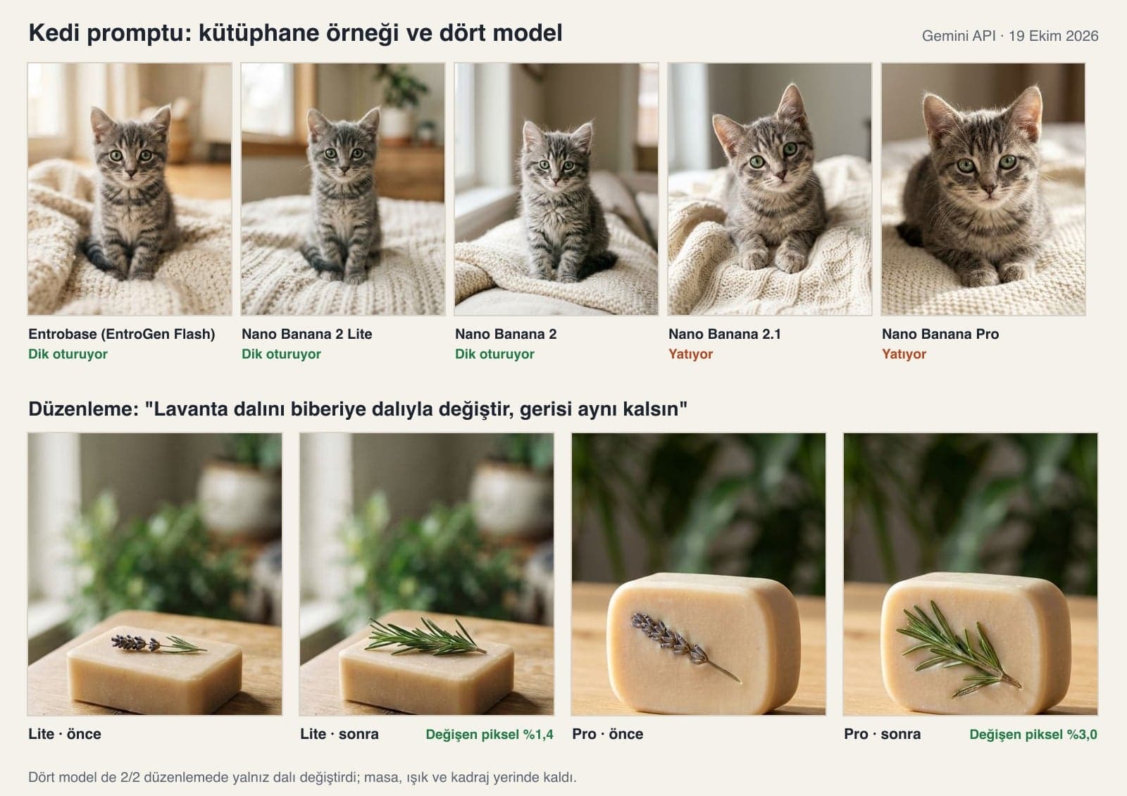Cat prompt: the EntroGen Flash example from the Entrobase library next to Nano Banana 2 Lite, 2, 2.1 and Pro outputs; below, an edit that swaps the lavender sprig for rosemary, before and after
