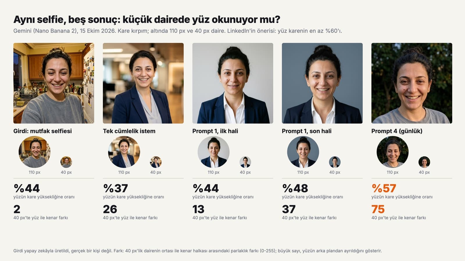 Profil fotoğrafı yapma testi: aynı mutfak selfiesinin Gemini ile hazırlanan dört profil fotoğrafı, her biri 110 ve 40 piksellik dairede