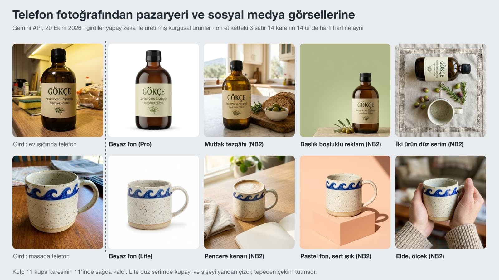 Yapay zeka ürün fotoğrafı testi: telefonla çekilmiş zeytinyağı şişesi ve seramik kupadan üretilen beyaz fon, mutfak, reklam, düz serim, pastel fon ve elde ölçek görselleri