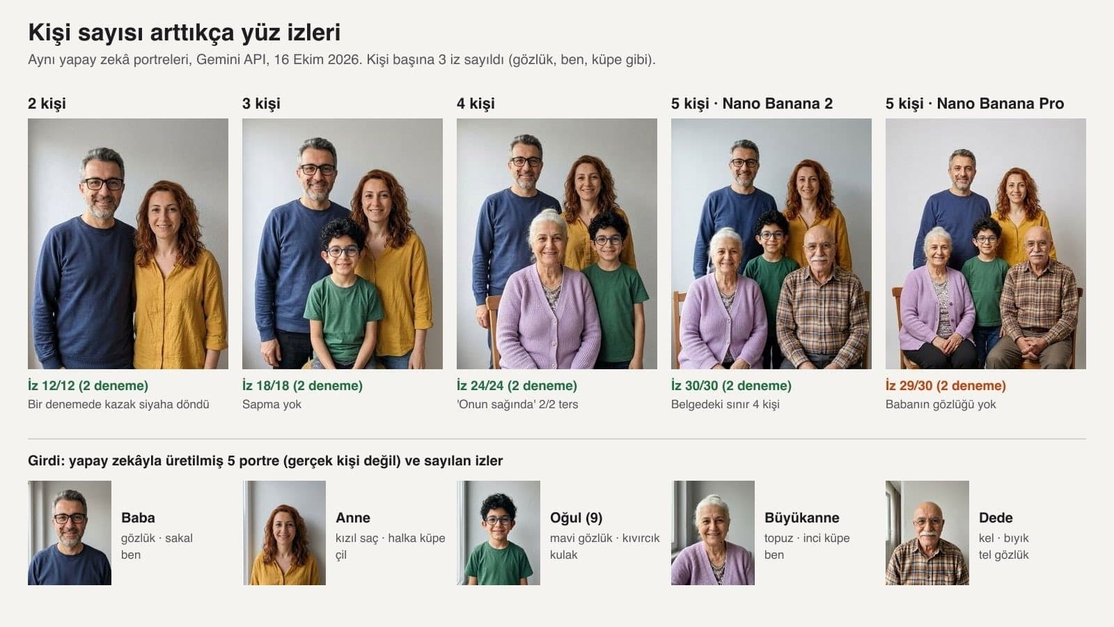 Test KI-Familienfoto: aus denselben fünf Porträts mit Gemini erzeugte Familienfotos mit 2, 3, 4 und 5 Personen und die Zahl der erhaltenen Gesichtsmerkmale in jedem Bild