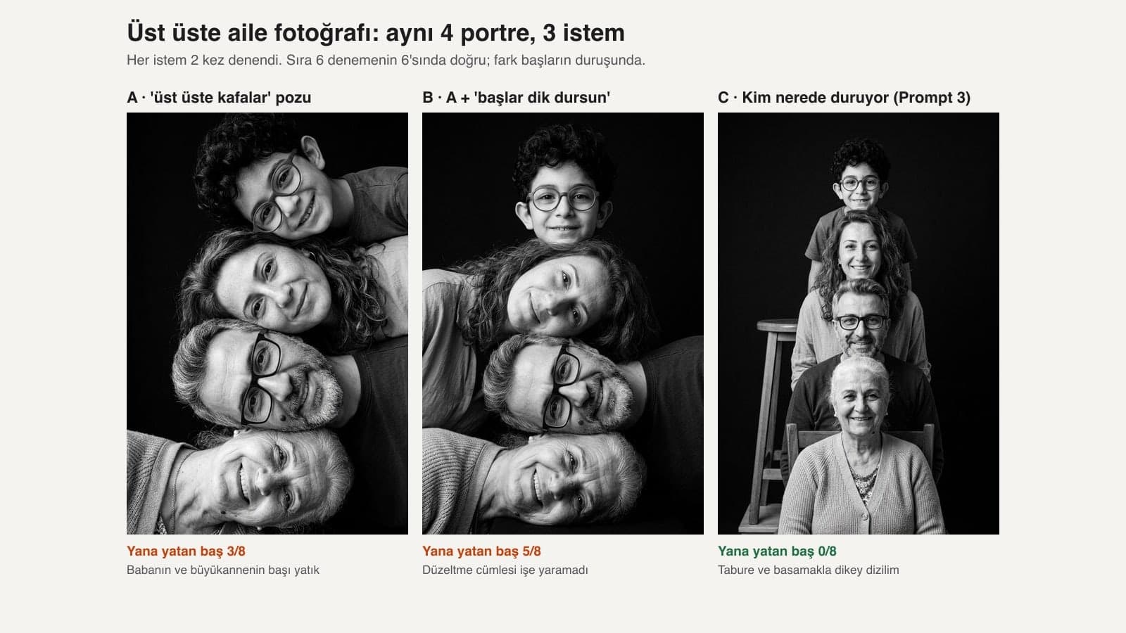 Test Schwarzweiß-Familienfoto mit Köpfen übereinander: dieselben vier Porträts mit drei verschiedenen Prompts; bei den ersten beiden kippen die Köpfe zur Seite, beim Prompt, der beschreibt, wer wo steht, bleiben sie gerade