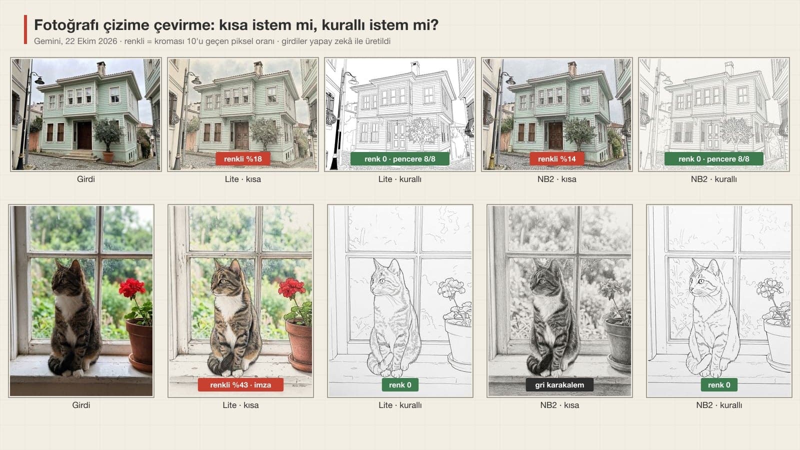 AI drawing test: a mansion photo and a cat photo turned into drawings by Gemini Nano Banana 2 Lite and Nano Banana 2 with a short and a detailed prompt, labeled with colored pixel share and window count