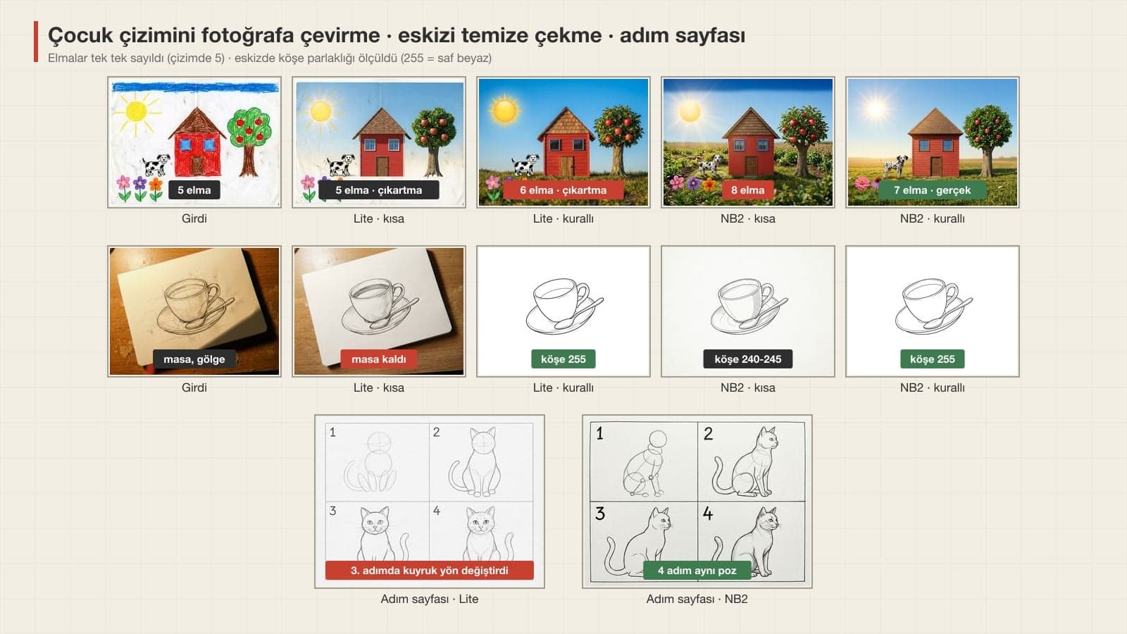 Gemini results for turning a child's drawing into a real photo, cleaning up a sketch on paper and a 4-step cat drawing guide, labeled with apple counts and corner brightness