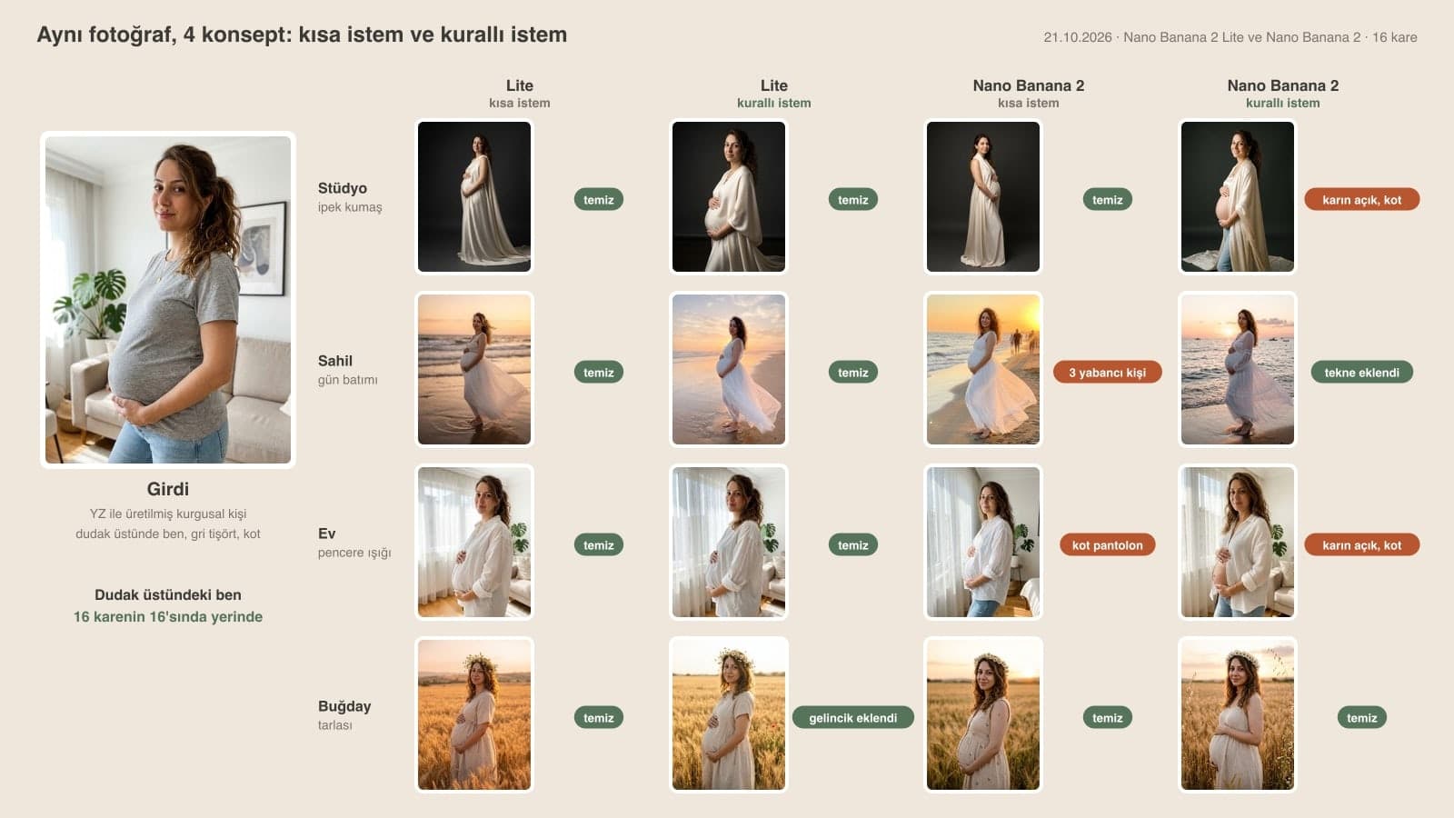 AI maternity photoshoot test: 16 images of the same pregnant woman in studio, beach, home and wheat field concepts, made with Nano Banana 2 Lite and Nano Banana 2 using short and structured prompts