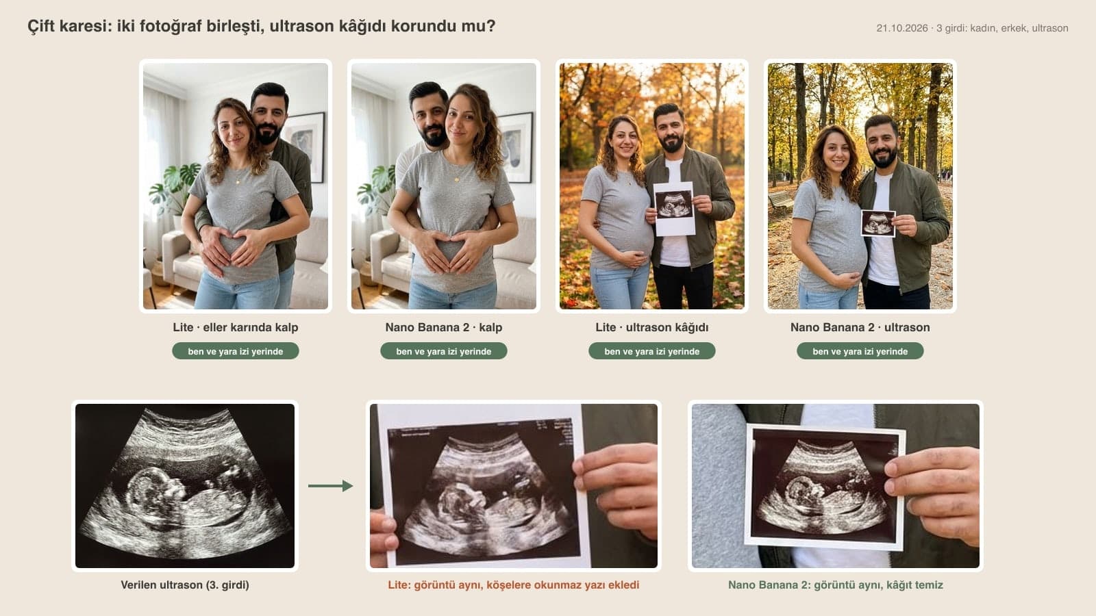 Gemini maternity photoshoot couple test: couple images made from two separate photos, with hands forming a heart on the belly and holding an ultrasound printout, plus a close-up of the given ultrasound and the image on the paper below