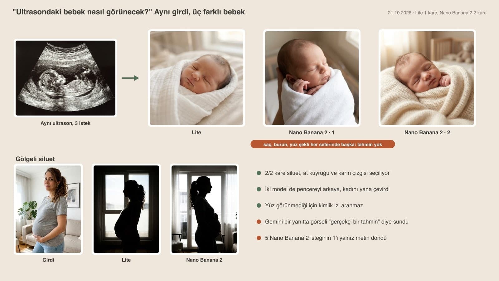Baby ultrasound photo AI test: three different newborn babies made with Gemini from the same ultrasound image, and silhouette maternity photos in front of a window below