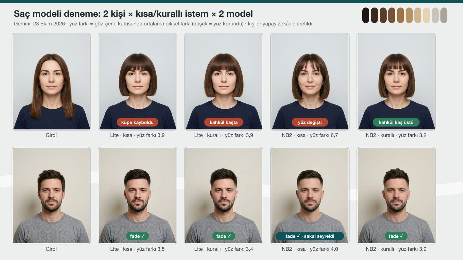 KI-Frisurtest: Foto einer Frau und eines Mannes, mit Gemini Nano Banana 2 Lite und Nano Banana 2 per kurzem und ausführlichem Prompt in einen Bob und einen Fade-Schnitt verwandelt, mit Beschriftungen zum Gesichtsunterschied