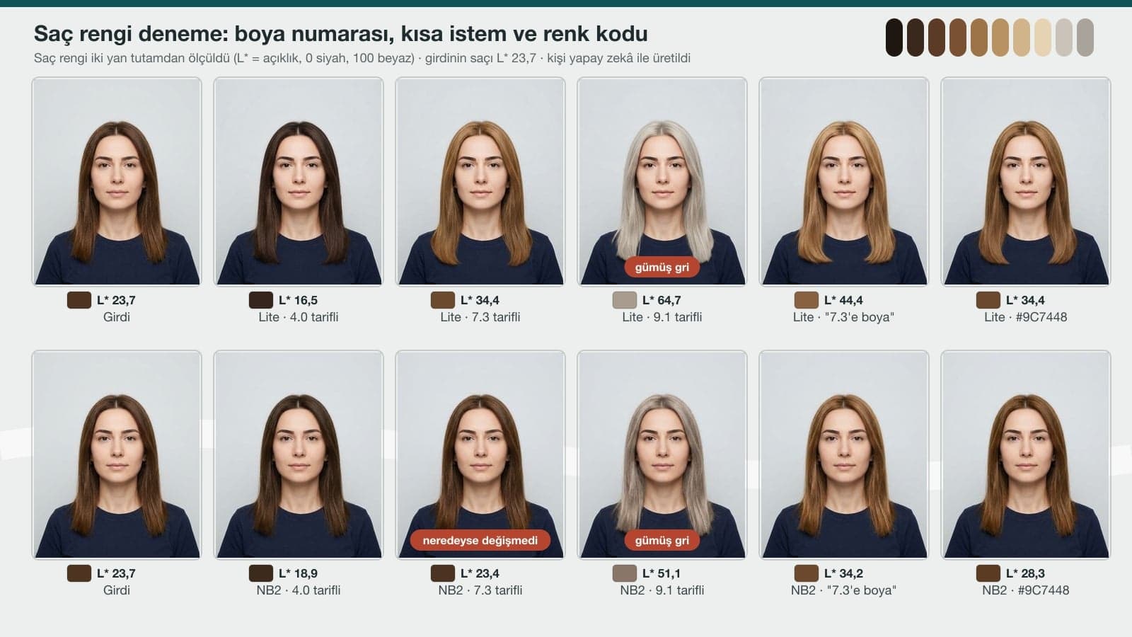 KI-Haarfarbtest: dieselbe Frau mit den Farbnummern 4.0, 7.3 und 9.1, kurzem Prompt und Farbcode, Ergebnisse von Gemini Lite und Nano Banana 2 mit gemessenen Haarfarbproben und L*-Helligkeitswerten