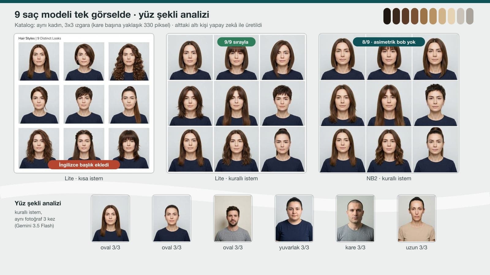 3x3-Frisurenkatalog mit Gemini: dieselbe Frau mit neun verschiedenen Frisuren, Ergebnisse für Lite mit kurzem Prompt, Lite mit ausführlichem Prompt und Nano Banana 2 mit ausführlichem Prompt; darunter die Gesichtsform-Labels von sechs fiktiven Personen
