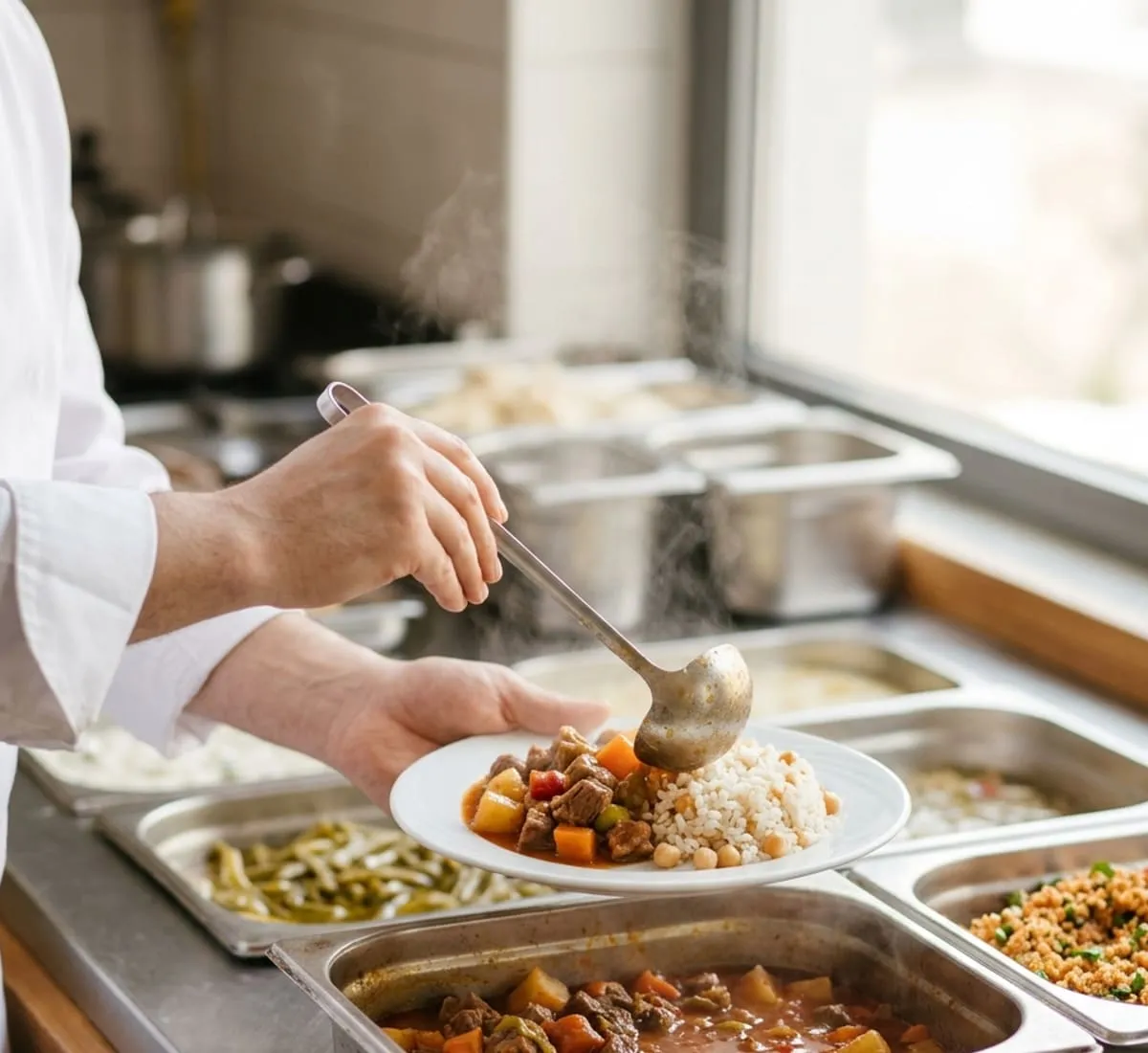 Aşçı, servis tezgâhında etli türlü ve nohutlu pilavı tabağa koyuyor