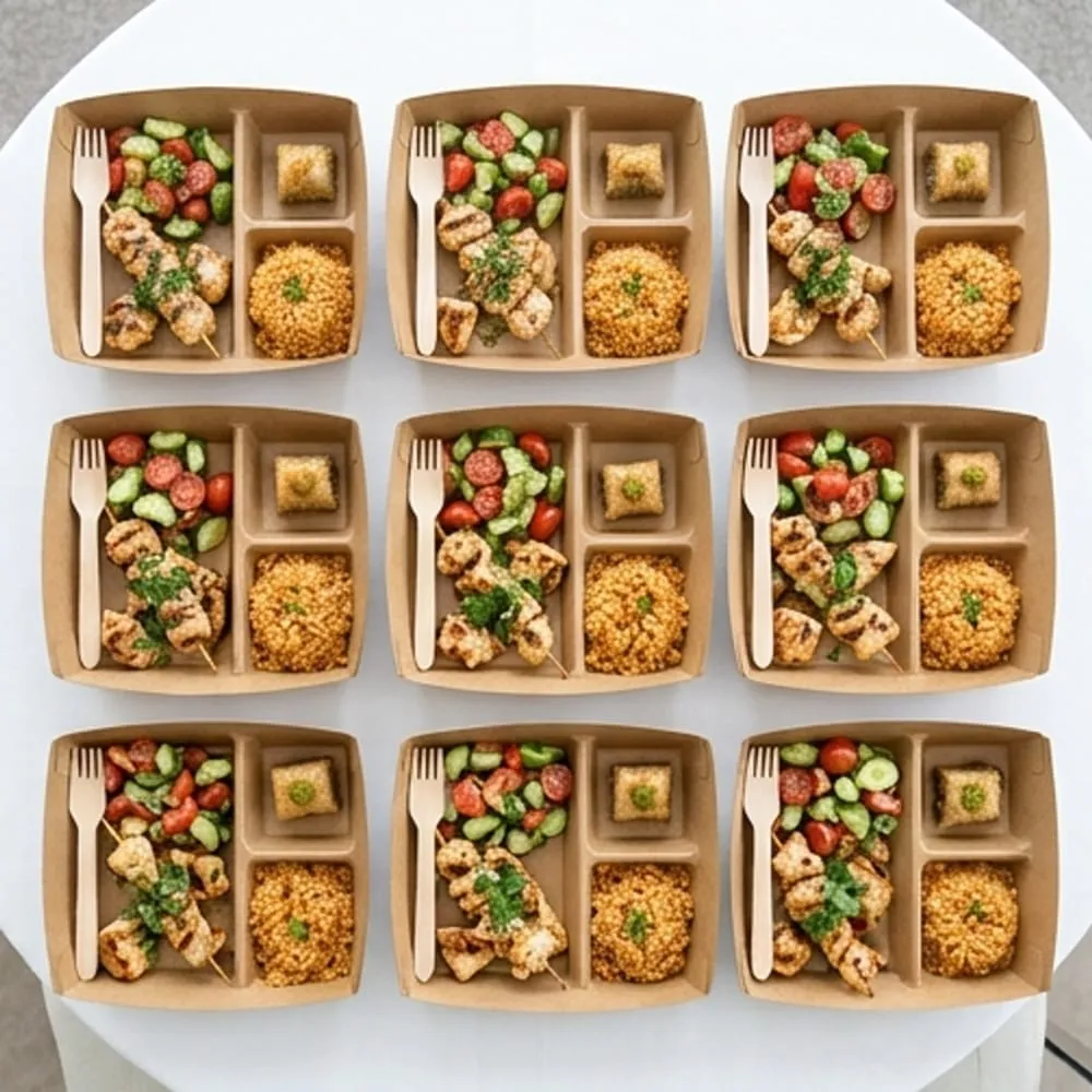Kraft kutularda tavuk şiş, bulgur ve salata