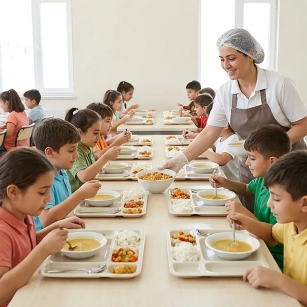 Okul yemekhanesinde öğle yemeği yiyen çocuklar